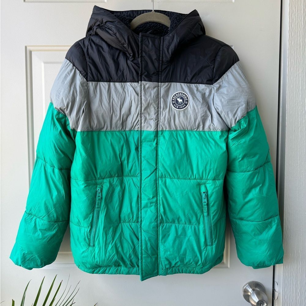 Abercrombie Kids Boys Hooded Puffer Coat Sherpa-Lined Color Block Jacket 13/14 - Picture 1 of 10